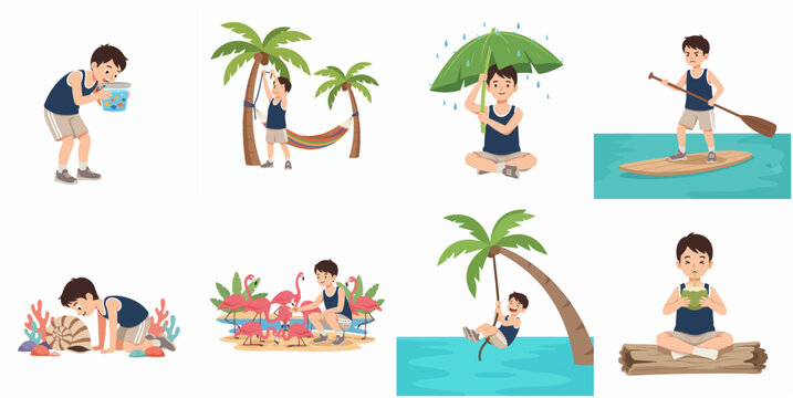 Set of vector illustrations of a young boy during summer vacation enjoying beach activities such as paddleboarding, feeding flamingos, and swinging from palm trees