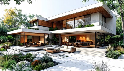 Fototapeta premium Contemporary luxury villa featuring flat roofs and large glass walls situated in a sunny tropical garden with white patio