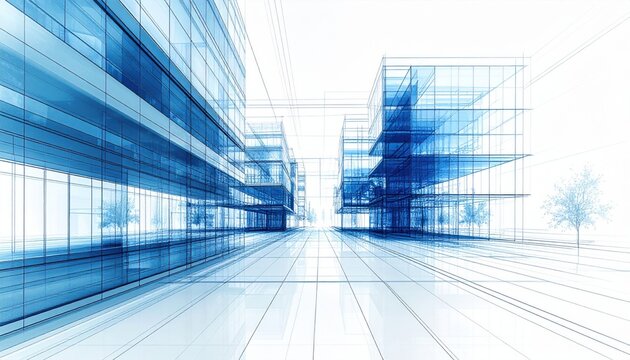 Blueprint style architectural rendering of high rise office buildings shows transparent blue geometric structures and empty streets