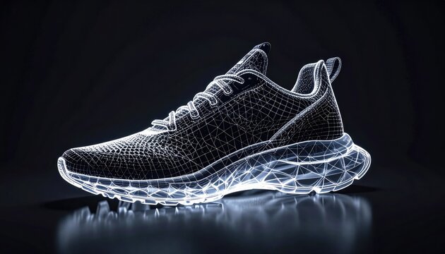 Glowing wireframe mesh of a modern athletic running shoe displayed against a dark reflective background