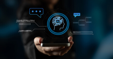 Obraz premium AI neural head with data connections and speech bubbles symbolizing smart data generation, learning, and analysis Parse