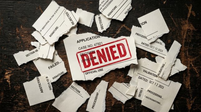 Denied application form with rejected stamp on scattered paperwork and wooden desk