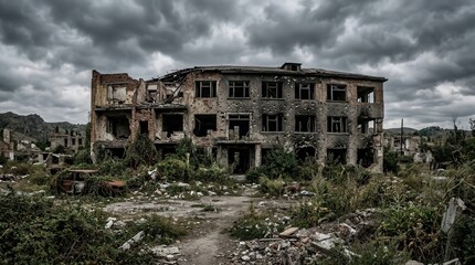 Fototapeta premium abandoned war-damaged building in overgrown ruins under stormy sky