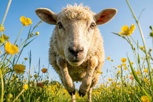 Funny wide angle close up of sheep jumping in flower field