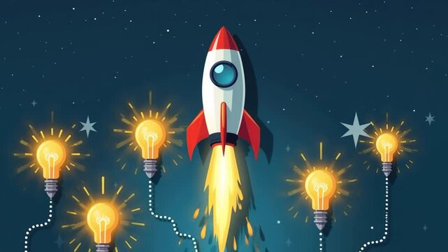 Rocket launching with light bulbs idea concept in a starry sky
