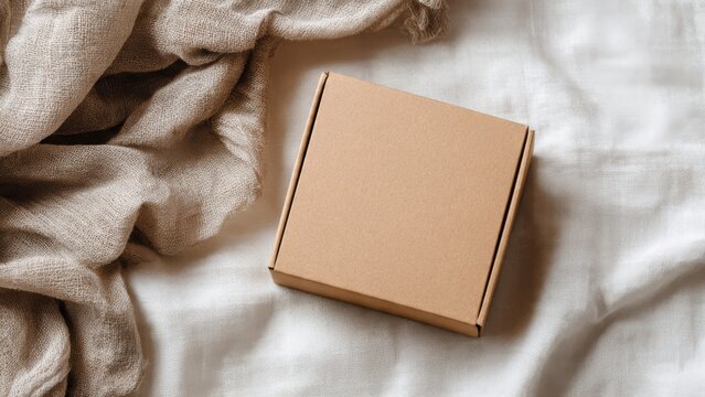 Minimalist brown cardboard box on soft neutral fabric mockup