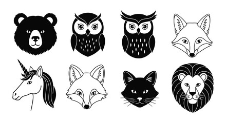 Fototapeta premium A collection of animal head illustrations featuring a bear owls fox unicorn cat and lion silhouette high quality professional detailed modern