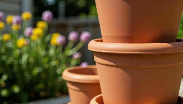 Stacked terracotta pots with garden background and shallow depth   