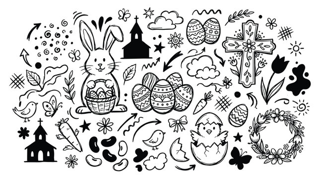 Earth protection doodle illustration depicts bunny holding basket with eggs and surrounded by various spring objects