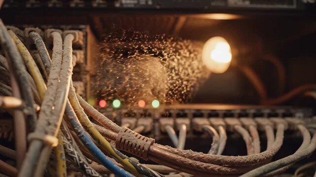 In a dimly lit server room, a mesmerizing display unfolds as intertwining cables emit a soft glow. Dust particles dance in the warm light, evoking an intriguing blend of technology and atmosphere.