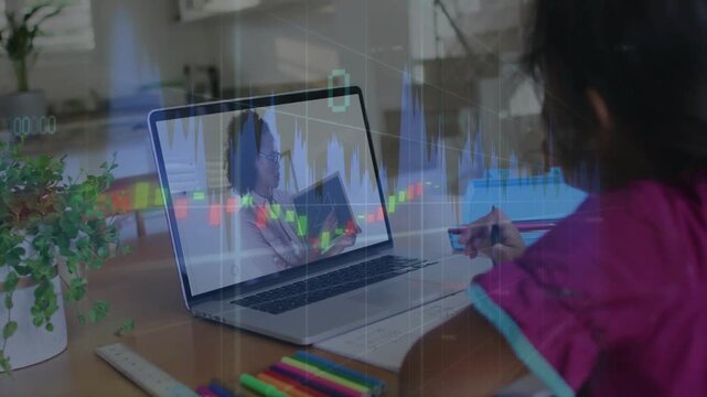 Girl writing for finance lesson while laptop presenter speaking and charts shifting across table