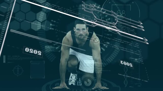 Male athlete planting on sensor pad, launching as HUD markers aligning with torso measuring fitness