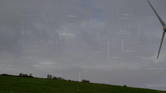 Cam panning right revealing turbine blades entering then rotating, binary overlay monitoring energy