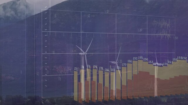 Purple wash appearing, bars rising, shifting left and fading, showing energy data behind turbines