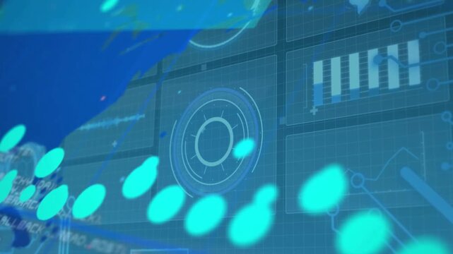 Abstract data visualization showing blue map with turquoise nodes moving on tiled panels with HUD