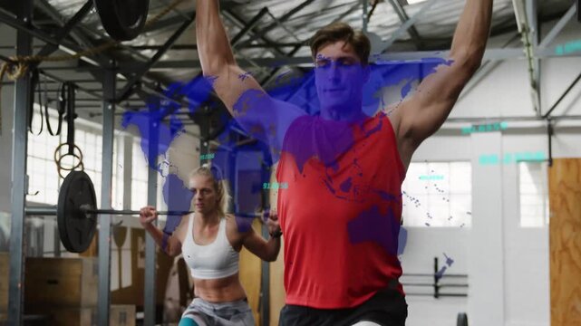 Lead man lunging into overhead barbell press, partner following for training, blue map overlaying