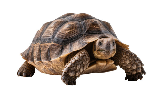 Isolated African spurred tortoise (Sulcata) looking forward, full body studio shot