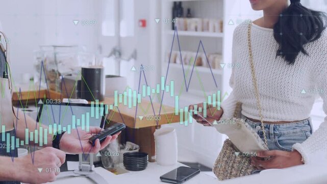 Woman rummaging bag, presenting card; cashier extending reader to POS, graphs tracking payment