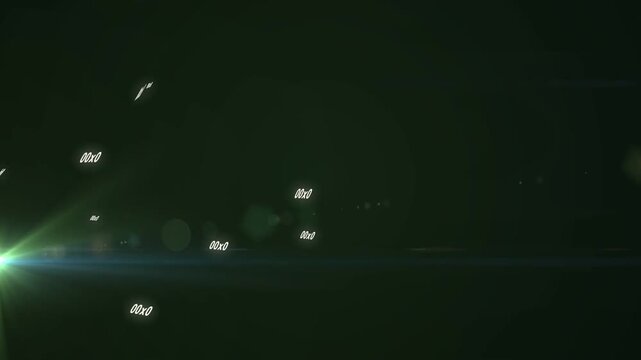 Glowing numeric tokens floating across green-black backdrop, emitting green flare and blue streak