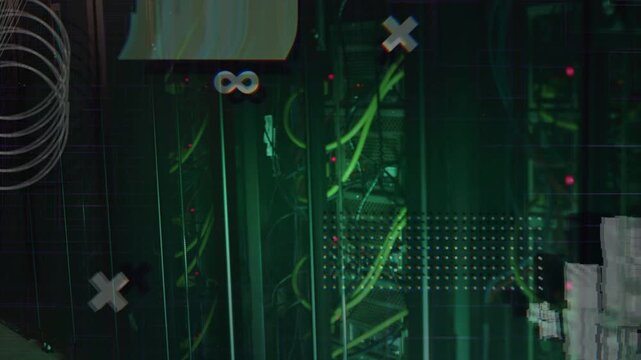Network rack with neon cables, spiral appearing left initiating scan glitches visualizing network