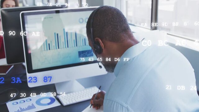 Analyst viewing business bar or circular charts, writing notes analyzing while hex overlay scrolling