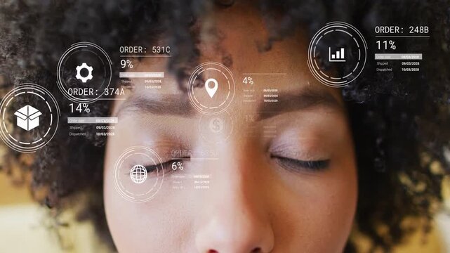 Woman opening eyes while faint HUD icon appearing animated retail icons populating face for orders