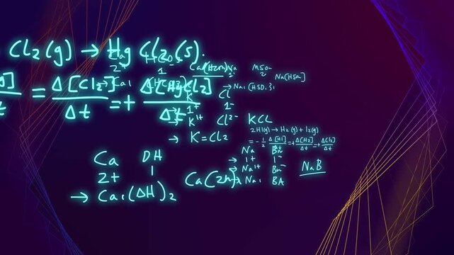 Vertical video: On play neon chemistry notes growing, wireframe circling, revealing ionic equations