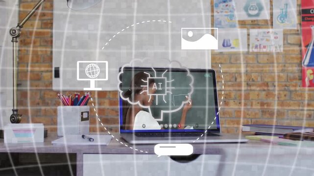 Laptop host tracing thought bubble, adding chip schematic, starting cloud AI icons showing network