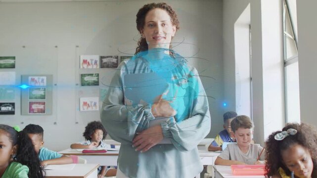 Teacher holding folder, walking to front, causing globe sweeping over torso, teaching in classroom