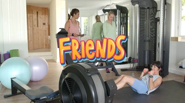 Mat user doing weighted sit-ups while friends coaching, FRIENDS graphic floating over group, rower
