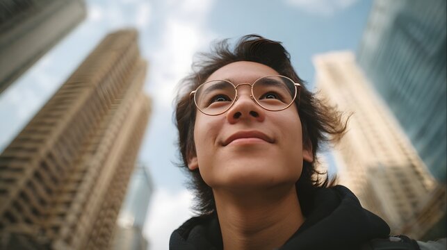 A thoughtful individual gazes upwards into the towering cityscape symbolizing aspi n and creative thought