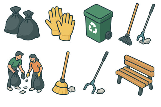 Clean-Up Icon Set. Neighborhood Clean-Up flat icons trash bags, gloves, recycling bin, rake, broom, volunteers, trash picker, park bench