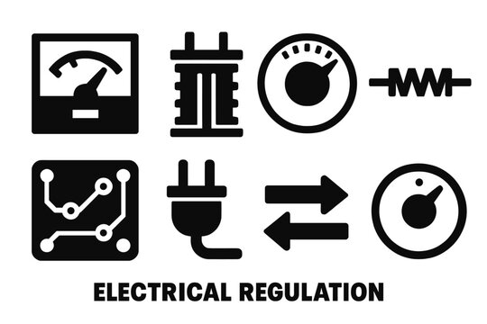 Bold Electrical Icons. Electrical Regulation silhouette set: voltage meter, transformer, control knob, resistor, circuit board, power plug, current flow arrows, regulator icon