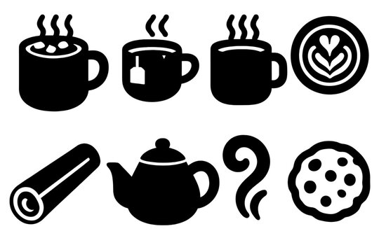 Cozy Drink Icons Collection. Cozy Drinks silhouette set: hot chocolate mug, tea cup, coffee mug, latte art, cinnamon stick, teapot, steam swirl, cookie