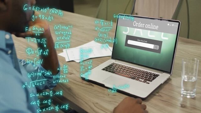 Man leaning typing area code on laptop as teal formulas building causing tech results appearing