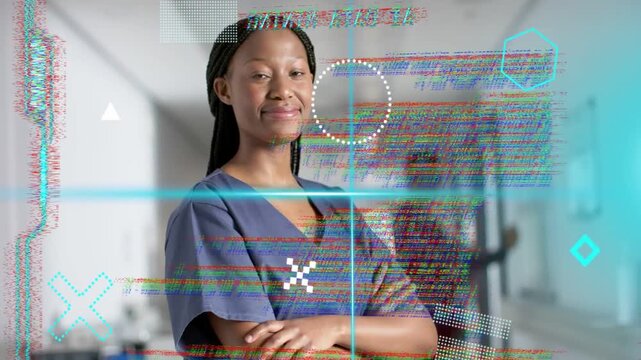 Female clinician standing in ward, HUD activating scanline obscuring then revealing data for care