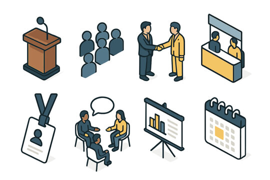 Isometric Event Icons. Professional Eventsset icons in modern isometric flat vector style: conference podium, audience silhouettes, handshake greeting, networking booth, name badge