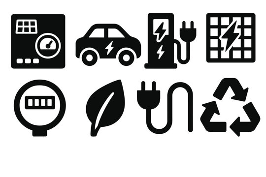 Bold Green Tech Icons. Green Technology silhouette set: solar inverter, electric car, charging dock, smart grid, energy meter, eco leaf, power cable, sustainability symbol