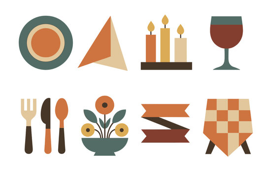 Geometric Table Decor Icons. Table Decor in geometric flat style plates, napkin, candles, wine glass, cutlery, centerpiece, ribbons, tablecloth