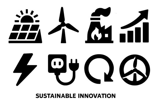 Sustainable Energy Icons. Sustainable Innovation silhouette set: solar cell, wind blade, bioenergy plant, efficiency chart, green lightning bolt, smart plug, clean loop, renewable