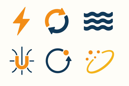 Geometric Energy Icons. Energy Flow in geometric flat style lightning bolt, arrow cycle, waves, particle dots, magnetic field lines, circular motion, glowing path, orbit ring