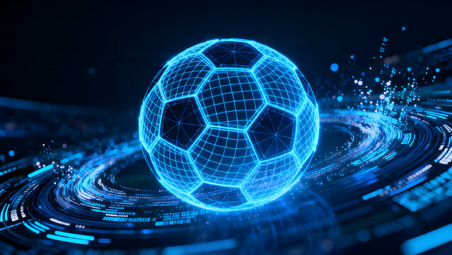 Digital 3D wireframe soccer ball hologram on blue futuristic technology interface background