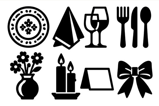 Festive Table Icons. Festive Table silhouette set: decorated plate, folded napkin, glassware, cutlery set, flowers, candles, place card, ribbon bow