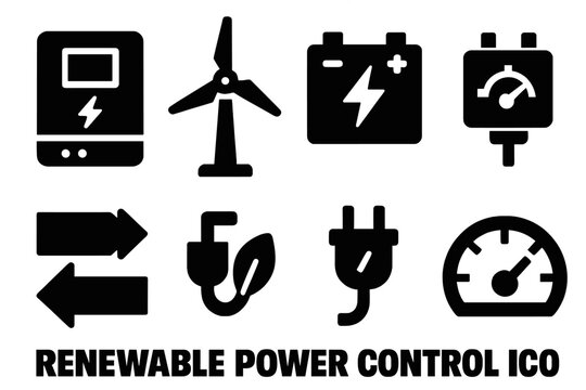 Brutalist Energy Icons. Renewable Power Control silhouette set: solar inverter, wind turbine, battery storage, voltage regulator, control module, power flow arrows, green plug,