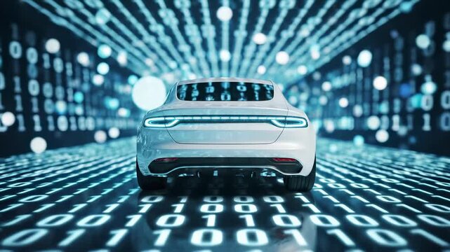 Of sleek electric car driving through digital binary code tunnel environment. Autonomous vehicle and ai automotive technology for smart connected transport and data driven mobility innovation