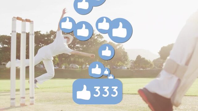 Cricket fielder running and diving after delivery, trying catch while floating blue likes counting
