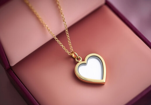 Blank gold heart necklace lying in gift box, ai generated. Vintage heartlocket in pack on pink surface for memories present mockup, side view. Neck accessory for photo love gift template.