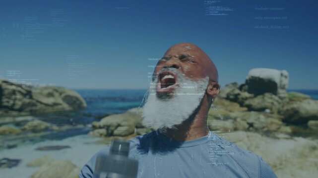 Senior man lifting blue bottle pouring water over beard on shore cooling, showing fitness overlays