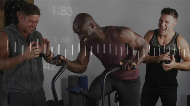 Main rider pedaling bike harder after trainer checking timer to hit fitness goal waveform rising