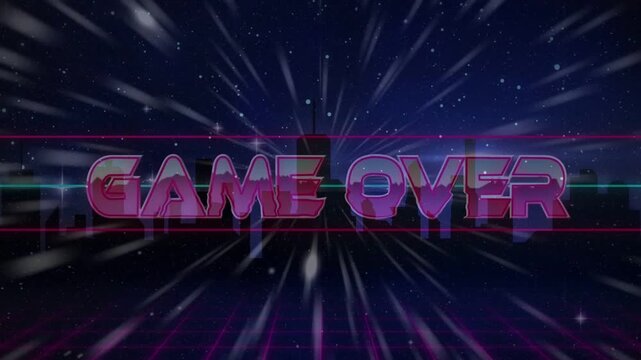 Magenta ribbon sweeping, streaks pulsing, 3D neon GAME OVER sign sliding in, signaling gaming end